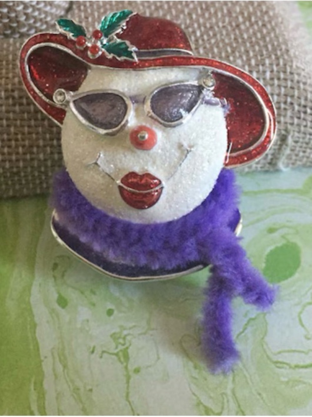 Festive Snowman Brooch with Red Hat & Purple Scarf